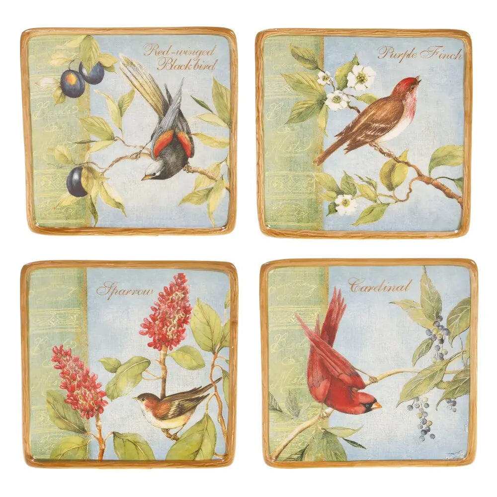 Plato Para Canapés Con Aves Botánicas Internacionales Certificadas, Diseños Surtidos, 8-1/4 Pulgadas, Juego De 4 | 730384089604 TRG186150731